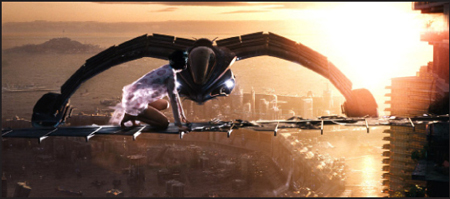 A person in a glowing dress sits next to a large, dark mechanical creature on a ledge overlooking a city at sunset.