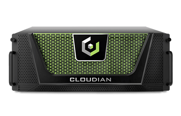 A black Cloudian storage server with a green mesh front panel and a white logo.