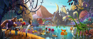 Animated characters stand near a lake surrounded by dinosaurs and volcanoes in a prehistoric landscape.
