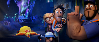 Three animated characters peek from behind a wall, looking wide-eyed at a small yellow creature on the ground.