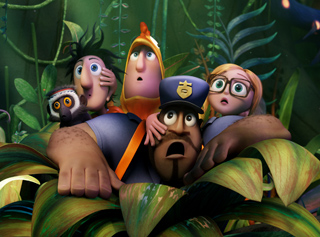Four surprised animated characters peeking through large green jungle leaves.