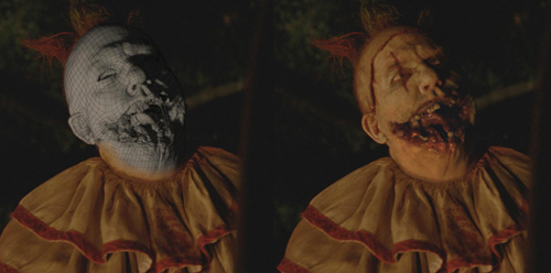A split screen showing a clown's face as a blue wireframe mesh on the left and a realistic, gory render on the right.