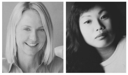 Two black and white headshots of women, one smiling and one with a neutral expression.