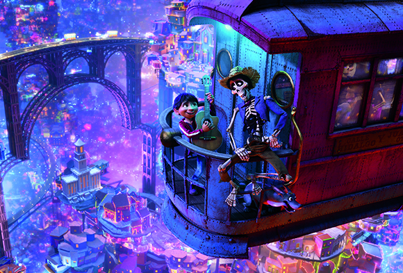 A boy and a skeleton sit on the balcony of a colorful train overlooking a vibrant, glowing city at night.