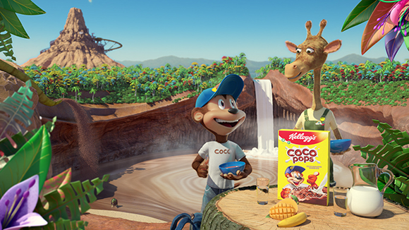 Animated boy and giraffe sitting at a table with Coco Pops cereal in a tropical jungle setting.