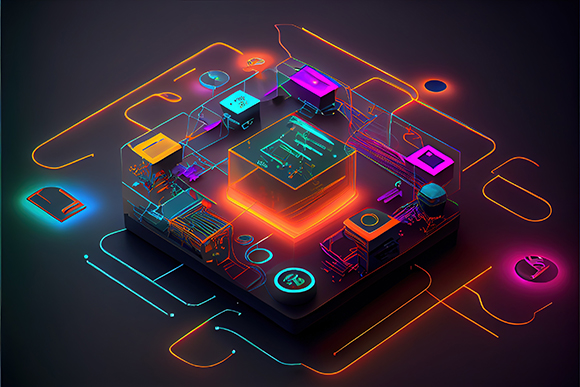 Isometric 3D illustration of a glowing, neon-colored digital circuit board with various components.