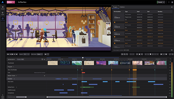 Video editing software interface showing a coffee shop animation and a complex multi-track timeline.