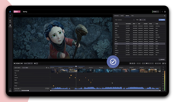 Video editing software interface showing an animated character, a marker list, and a multi-track timeline.
