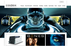 Website header with a futuristic cyborg and navigation menu above product and media tiles.