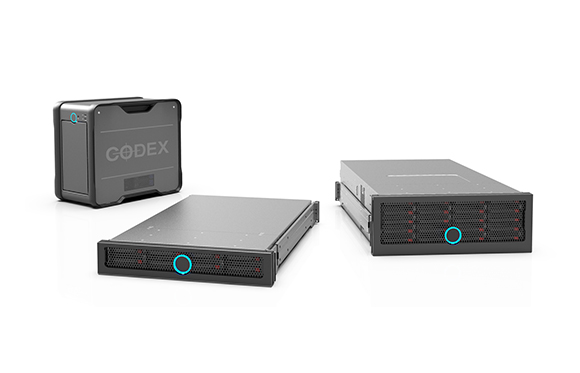 Three black Codex data storage units of varying sizes arranged on a white surface.