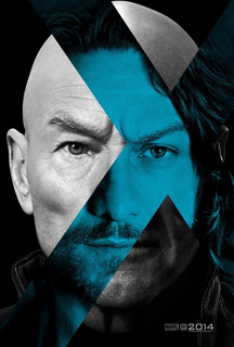 A composite portrait of two men's faces split by a large X shape in blue and grayscale.