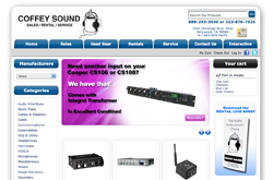 Website homepage for Coffey Sound featuring audio equipment sales, rentals, and service options.