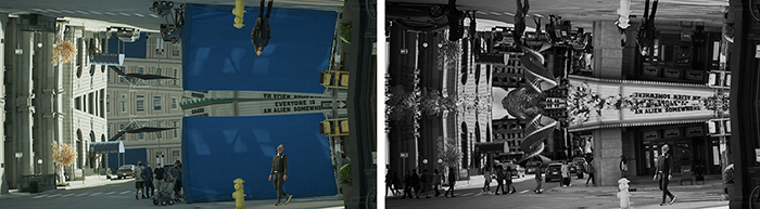 A split image showing a surreal city street with blue panels hanging from above in color and grayscale.