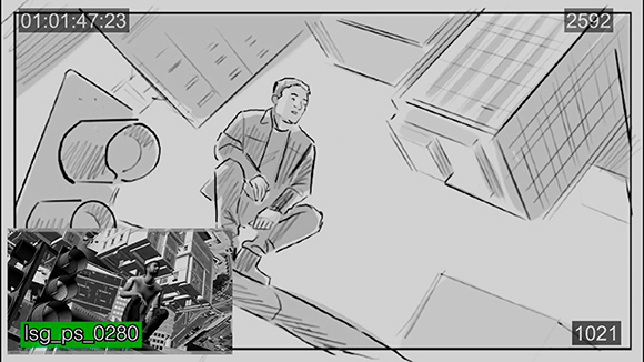 A black and white sketch of a person sitting amidst large, geometric architectural structures.