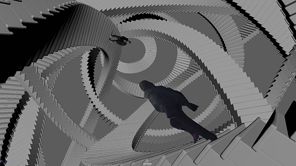 A person falls through a deep, grayscale, spiraling architectural structure with stepped edges.