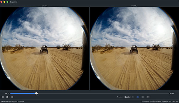 Two side-by-side circular views of a vehicle driving on a sandy desert track under a cloudy sky.