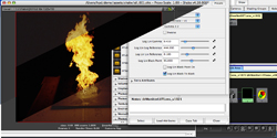 A computer screen showing a digital fire simulation within a specialized software interface.