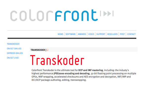Colorfront website showing the Transkoder software description and navigation menu.