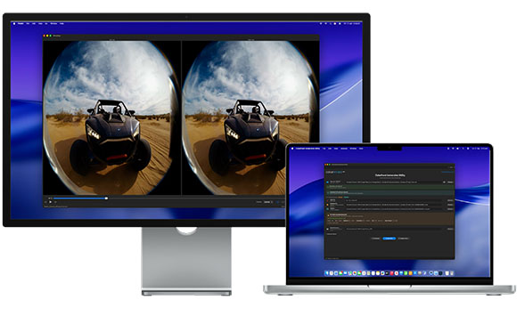 A desktop monitor showing dual video playback of an ATV and a laptop displaying a video editing interface.