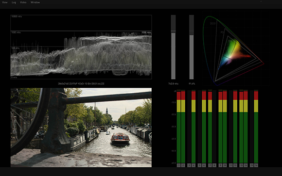 A dark software interface displaying waveform monitors, color gamuts, and a canal scene.