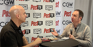Two men sit at a small table talking in front of a backdrop with CGW and Post TV logos.