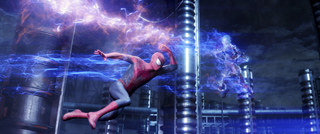 Spider-Man leaps through swirling blue energy and light in a dark, industrial setting.