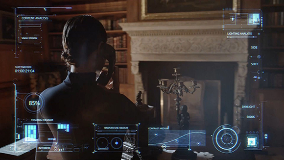 A person's silhouette viewed from behind with a glowing blue digital interface overlaying the room.