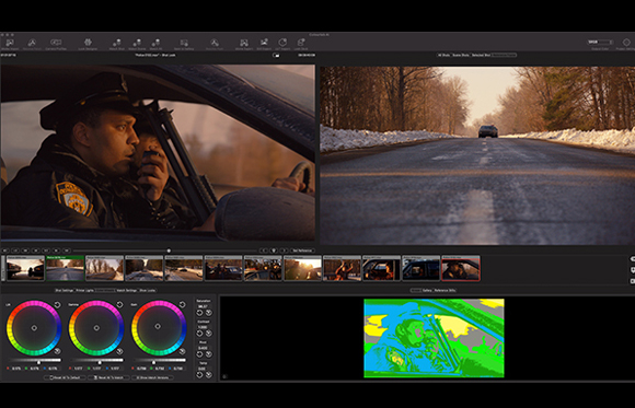 Video editing software interface showing a police officer in a car and a snowy road.