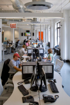 People working at desks with computer monitors in a bright, open-plan office space.