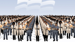 Rows of medical professionals in white coats and blue scrubs standing in a large group.