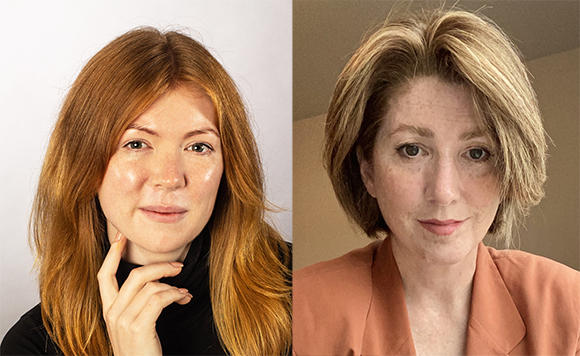 Two portraits of women: one with long red hair and one with short blonde hair.