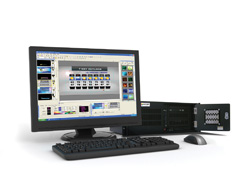 A computer monitor displaying software, a keyboard, a mouse, and a black server chassis on a white background.