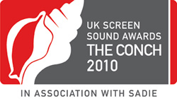 Logo for the UK Screen Sound Awards The Conch 2010 featuring a white conch shell on a red and grey background.