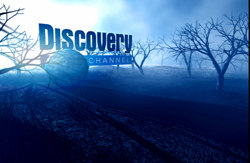 Discovery Channel logo overlaid on a dark, blue-toned landscape of silhouetted bare trees.