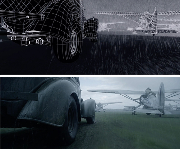 Split view showing a 3D wireframe model of a car and plane above a realistic render of the same scene.