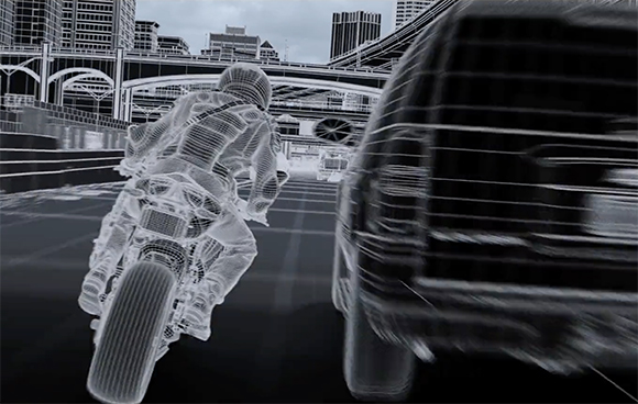 A wireframe 3D model of a motorcyclist riding through a digital cityscape next to a blurred dark vehicle.