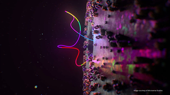A glowing multicolored line curves through a dark void toward a textured, purple-lit surface.