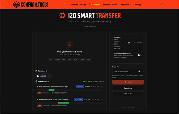 Dark mode software interface for I2O Smart Transfer showing file uploads, timelines, and media file lists.