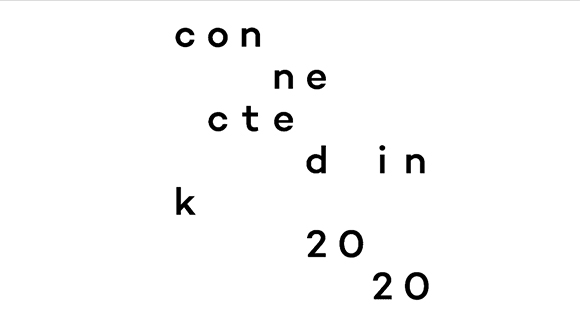 Black lowercase letters scattered across a white background spelling out connected in 2020.