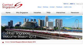Contact Singapore website homepage showing a skyline with skyscrapers and a Ferris wheel under a blue sky.