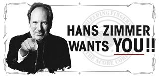 Black and white portrait of Hans Zimmer pointing forward next to bold text saying 'HANS ZIMMER WANTS YOU!!'