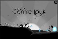 Title screen for Contre Jour featuring stylized text over a grayscale landscape with glowing blue elements.