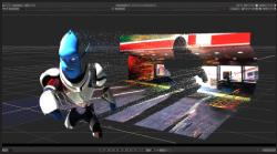 A blue 3D character model stands next to a textured, distorted environment in a digital rendering software.