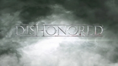 The word DISHONORED in silver serif font against a backdrop of dark, swirling clouds.
