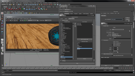 Interface of a 3D modeling software showing a render view of a wooden floor and a circular object.