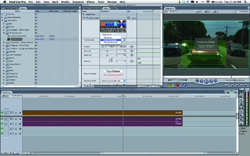 A digital interface of a video editing software showing a timeline, media bin, and video preview window.