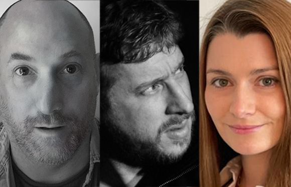 Three separate portraits: a bald man, a bearded man in profile, and a woman with light brown hair.