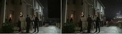 People in evening wear stand on a stone terrace outside a building under a night sky.