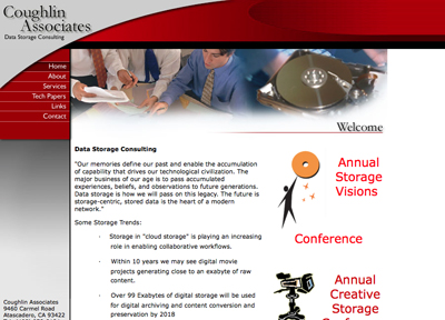 Website for Coughlin Associates featuring a banner of people working and text about data storage consulting.