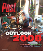 Cover of Post Outlook 2008 magazine with cartoon characters Santa, penguin, and polar bear at a table. Text reads "OUTLOOK 20